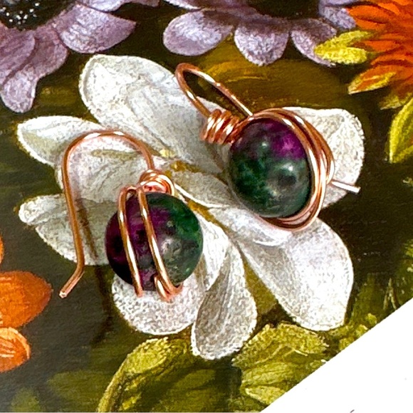 Zoisite Ruby dangle spheres rose gold long earrings/Gemini grounding stone - Picture 1 of 7